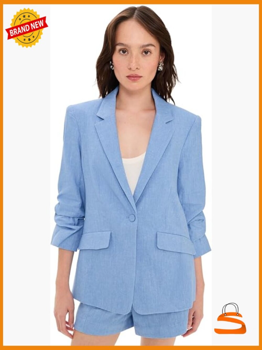 Linen Blazer with Notch Lapels and Ruched Sleeves